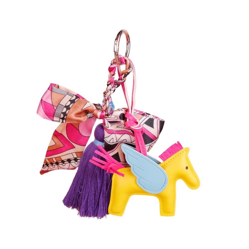 Yellow Pegasus Charm Keychain with Pink Accents and Purple Tassel